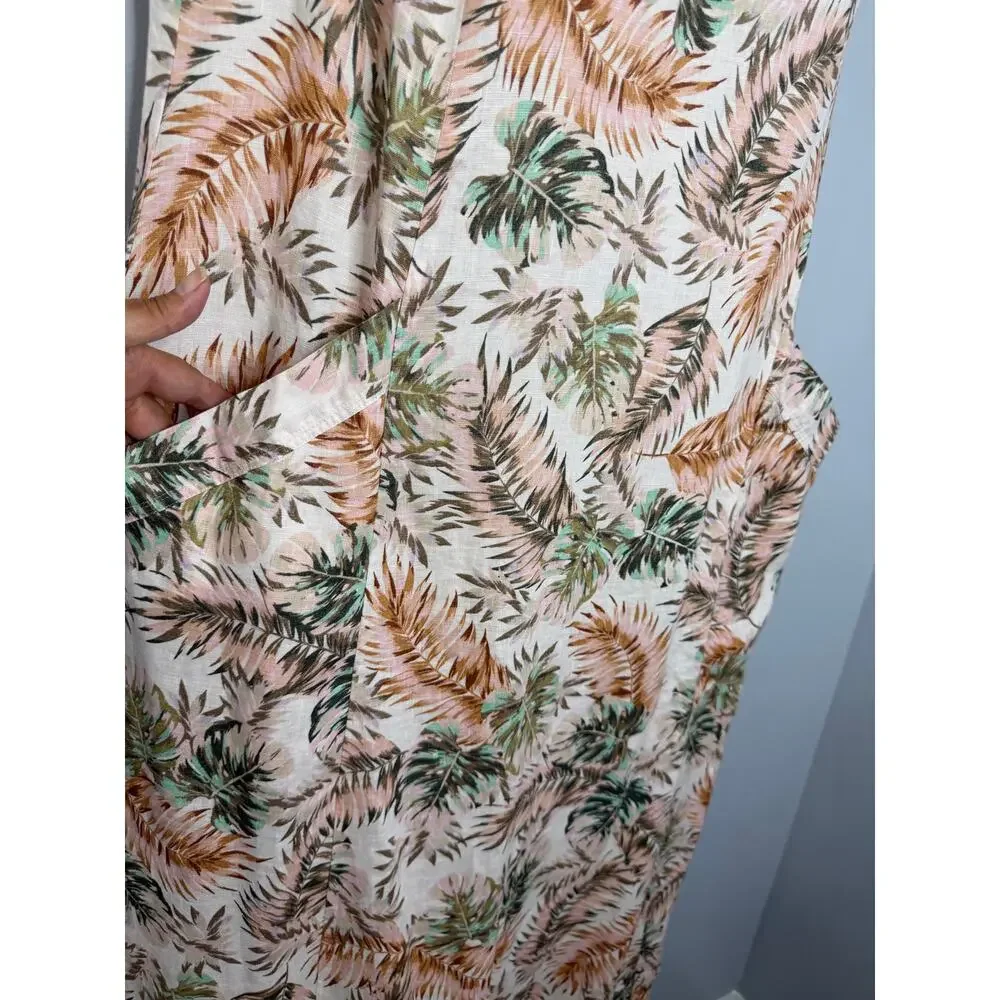 J.jill Love Linen Palm Leaf Soft Pink Pocket Maxi Dress Coastal Beach XL new